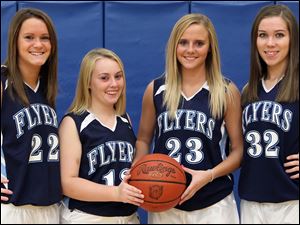 Lake seniors, from left, Hunter Johnson, Lyndsay Hoffman, and Hannah Cox, along with junior Alyssa Shaffer, bring experience to the Flyers, who are predicted to win the inaugural NBC championship.
