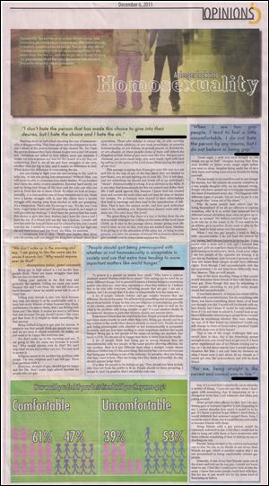 The Sylvania Northview student newspaper's Dec. 6 Opinions page, 'A Deeper Look Into Homosexuality.' The names of the authors have been redacted.