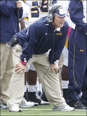 Toledo coach Tim Beckman watches the action during an October game against Bowling Green at Doyt Perry Stadium.