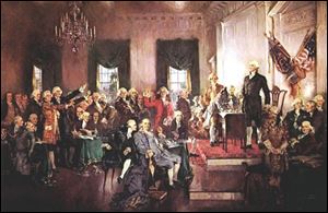 A painting by Howard Chandler Christy depicts the scene of the signing of the U.S. Constitution on Sept. 17, 1787, including George Washington, at right, and, seated in foreground from left, Alexander Hamilton, Benjamin Franklin, and James Madison. Article V allowed for further constitutional conventions, a step never taken.