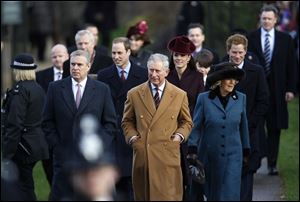 From left, Britain's Prince Andrew, Prince William, Prince Charles, Kate Duchess of Cambridge, Camilla Duchess of Cornwall and Prince Harry arrive to attend a Christmas Service at St Mary's church on the grounds of Sandringham Estate, the Queen's Norfolk retreat, England.