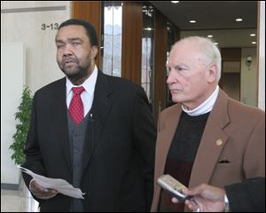 Former Toledo mayors Carty Finkbeiner and Jack Ford hold a news conference at One Government Center to express their opinions about the scandal that is enveloping the city's neighborhoods department. 
