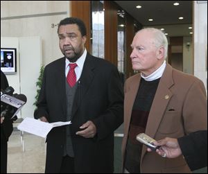 Former Toledo mayors Jack Ford and Carty Finkbeiner hold a news conference at One Government Center to express their opinions about the scandal that is enveloping the city's neighborhoods department.