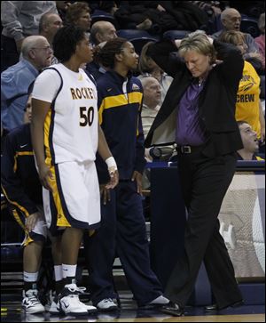 Rockets coach Tricia Cullop reacts to her team fouling in the final moments f the loss Wednesday to Eastern Michigan.