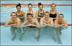 Some of top area swimmers will be at the first TRAC championships this weekend including (front, from left) Dan DiSalle, D.J. MacDonald, Matt Zimmerman, and Connor Trimble, all of St. Francis; (back, from left) Zhada Fields, Mikayla Murphy, and Emmy Sehmann, all of St. Ursula, and Rachael Dzierzak of Notre Dame.