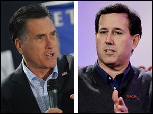 Candidates Mitt Romney, left, and Rick Santorum at recent campaign ...