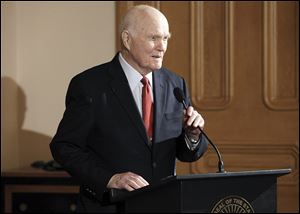 John Glenn speaks during a ceremony in which Ohio Governor John Kasich  signed Senate Bill 155, which designates February 20 as John Glenn Friendship 7 Day in Ohio on Friday, Jan. 20 in Columbus. This year is the 50th anniversary of the flight. Ohio State University plans to honor Glenn with events next month.  Glenn represented Ohio in the U.S. Senate for 24 years, and he was the first astronaut to orbit the earth.