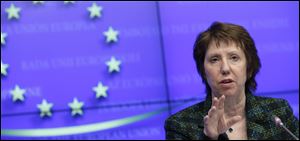 EU foreign policy chief Catherine Ashton speaks during a media conference after a meeting of EU foreign ministers at the EU Council building in Brussels on Monday.