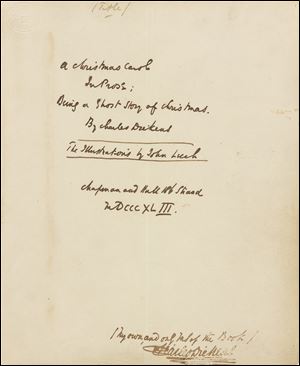 The text reads: A Christmas Carol in Prose. Being a Ghost Story of Christmas Autograph manuscript signed, December 1843.