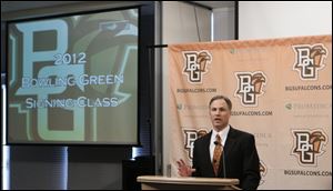 Bowling Green coach Dave Clawson goes through the list of recruits signed by the Falcons on Wednesday.