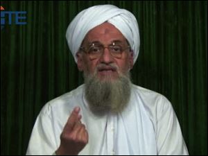 This frame grabbed image from video provided by the SITE Intel Group purports to show al-Qaida's leader Ayman al-Zawahri in a still image from a web posting by al-Qaida's media arm, as-Sahab, Sunday.
