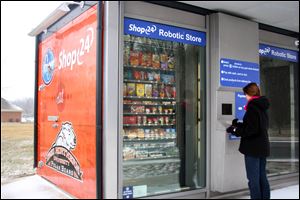 Kroger Co. has a robotic kiosk about the size of an enclosed bus stop on the Ohio Northern University Campus in Ada, Ohio. Prices for the kiosk's items are the same as at the chain's traditional stores.