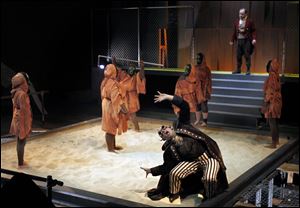 Juan Rodriguez as Tiresias, front, and William Toth as Oedipus, back, rehearse a scene from "King Oedipus."