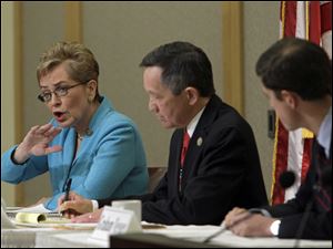 U.S. Rep. Marcy Kaptur, left, makes a point during a debate with U.S. Rep. Dennis Kucinich, center, and businessman Graham Veysey at the City Club in Cleveland Monday. The two sitting congressmen and outsider Mr. Veysey competed in a debate as they vie to win the Democratic primary for the new 9th District in northern Ohio. 