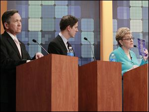 Candidates for Democratic nomination for the 9th Congressional District, U.S. Rep. Dennis Kucinich, left, Cleveland businessman Graham Veysey, and U.S. Rep. Marcy Kaptur of Toledo debate the issues in Toledo.