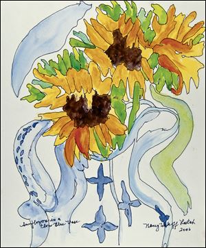 Nancy Wikoff Leetch's watercolor painting titled "Sunflowers in Flow Blue Pitcher" is showcased in the Owens Library Gallery's current exhibition on the Findlay-area Campus.