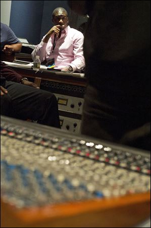 Former NFL football player Darren Howard takes part in the first-ever NFL Business of Music Boot Camp at New York University's Clive Davis Institute of Recorded Music in New York. 