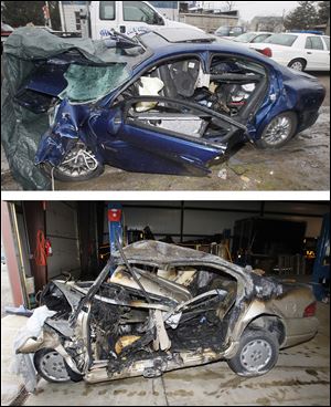 The wreckage of the cars involved in the wrong-way I-75 crash sit in tow lots Friday. The BGSU students were traveling in the blue sedan, top, while Winifred Lein was driving the other vehicle, bottom, which burst into flames.