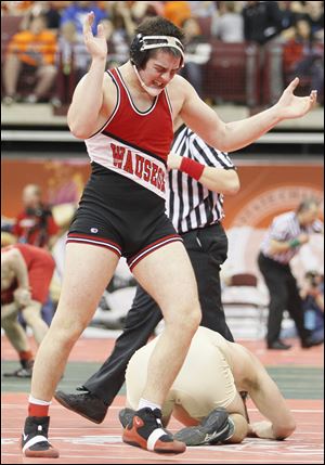 Wauseon's Zane Krall reacts after winning his 220-pound match against Ray Stone of Akron St. Vincent-St. Mary.