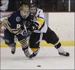 Northview's Kyler Omey, right, and Austin Kelly of St. John's battle for the puck during the district final on Saturday night.