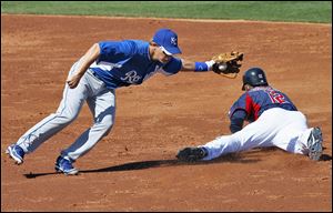 Cleveland Indians' Aaron Cunningham, right, steals second under the tag of Kansas City Royals' Chris Getz during the third inning of a spring training baseball game Tuesday.