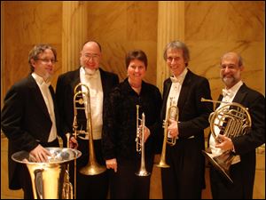 The Toledo Symphony Brass Quintet -- from left, David Saltzman, Dan Harris, Lauraine Carpenter, Mel Harsh, and Alan Taplin -- will perform Sunday at the last concert of the season in the Blade Chamber Series.