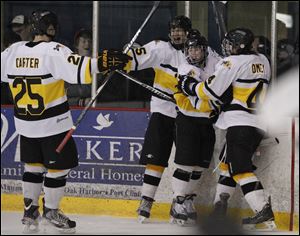 Northview players, from left, Dalton Carter, Drew Crandall, Nick Laplante, and Kyler Omey celebrate Laplante's goal in the first period Saturday against St. John's Jesuit in the district championship game at Tam-O-Shanter. Northview has achieved state runner-up four times. 