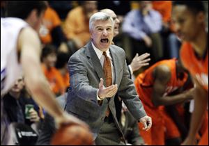 In this Jan. 4 file photo, Illinois head coach Bruce Weber yells to his team during the first half of an NCAA college basketball game against Northwestern in Evanston, Ill. Weber was fired Friday.