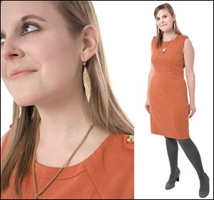 At 5 feet 3, Katie Knorovsky's height limits her fashion choices. Here, she shows how shoes and tights of the same color add up to a continual lengthening line. Left, long earrings create the illusion of height. 