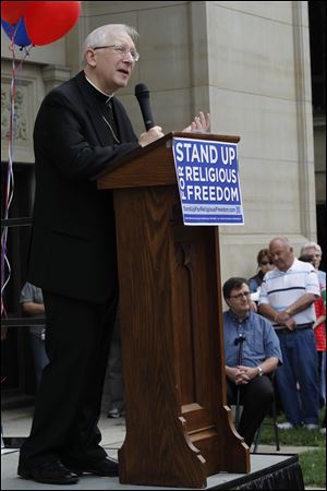 Bishop Leonard Blair, the keynote speaker at the rally on the Lucas County Courthouse lawn, says the religious freedoms of all, not just Catholics, are at stake.