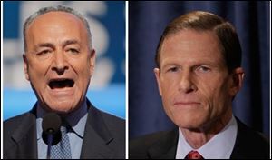 Troubled by reports of the practice of employers asking for Facebook passwords during job interviews, Democratic Sens. Chuck Schumer of New York, left, and Richard Blumenthal of Connecticut said they are calling on the Department of Justice and the U.S. Equal Employment Opportunity Commission to launch investigations. 