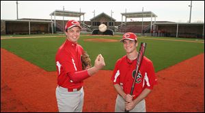 Central Catholic seniors Evan McNair, left, and Derek Hafner will lead the Irish onto their new home this season when they begin play at Mercy Field. The $2 million-plus facility, which includes lights, is located at the Catholic Youth Organization athletic complex on Holland-Sylvania Road.