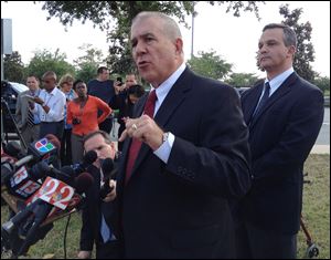 Hal Uhrig, left, and Craig Sonner address a news conference in Sanford, Fla. The two attorneys for George Zimmerman, the Florida neighborhood watch volunteer who fatally shot 17-year-old Trayvon Martin, said Tuesday they have withdrawn as his counsel because they haven't heard from him in days and he is taking unadvised actions related to the case.