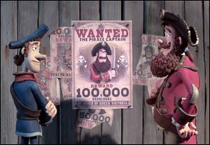 Pirate with a Scarf, voiced by Martin Freeman, left, and Pirate Captain, voiced by Hugh Grant, are shown in a scene from 