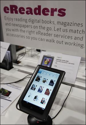A Barnes & Noble Nook Color eReader on display at a Best Buy in Mountain View, Calif.