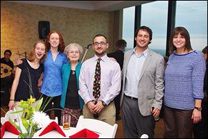 Harriet Goldberg, third from left, is flanked by 5 of her grandchildren. Gavi and Allie Forman to the left, and Adam, Josh, and Adrienne Goldberg to her right.