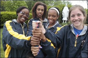 Notre Dame has great depth as a team this season with, from left, Chantalia Young, Jessika Matthews, Lexis Williams, and Erin Schaefer. The Eagles won titles at two prestigious events this season -- the Mansfield Mehock Relays and the Dayton Roosevelt Memorial. 