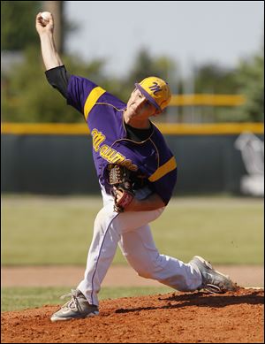 Maumee High School pitcher Steve Duby (9) throws during the first inning against Norwalk High School in a Division I district baseball semifinal game.