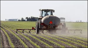 Gordon Wenig applies liquid nitrogen to his corn crop in fields off Euler Road near Weston, Ohio.  