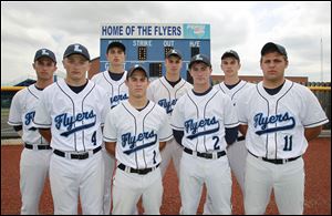 Lake is led by its eight seniors — front, from left, Jake Bandeen, Casey Conine, Ryan Kohlfoher, Corey Hotmer, and
back, from left, Jake Materni, Nathan Scanlan, Josh Tantari, and Thomas Nichols. The Flyers won the NBC title.