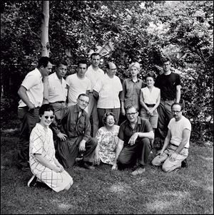 Participants in the 1962 Toledo workshop included, front from left, Rosemary Gulassa, Harvey Leafgreen, June Wilson, Robert C. Florian, and Harvey Littleton, and, back from left, John C. Karrasch, Octavio Medellin, Clayton Bailey, Stanley Zielinski, Norman Schulman, Diane Powell, Edith Franklin, and Eric Erickson.