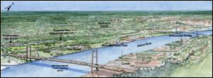 This artist’s rendering shows the proposed Canadian-financed bridge over the Detroit River that will add a new link between the United States and Canada.