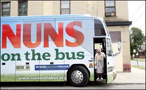 Sister Diane Donoghue steps down from the 'Nuns on the Bus' in Toledo. The group is visiting nine states to protest the U.S. budget pushed by Rep. Paul Ryan. 