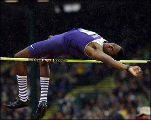 Erik Kynard Jr., participates in the men's high jump finals at the U.S. Olympic Track and Field Trials in Eugene, Ore.