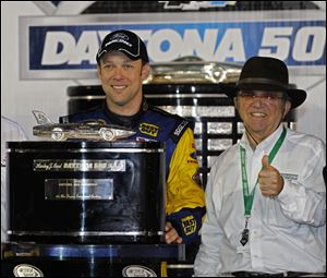 Driver Matt Kenseth, left, and car owner Jack Roush celebrating in victory lane after Kenseth won the NASCAR Daytona 500 auto race in February.