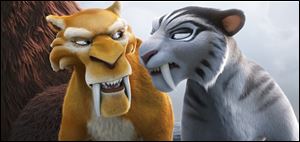 Diego, voiced by Denis Leary, left, and Shira (Jennifer Lopez) in a scene from ‘Ice Age: Continental Drift.’
