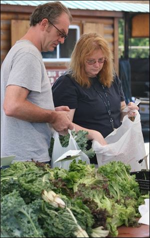 Rick McGranahan and Therisa Collins of West Toledo make selections during the Toledo Farmers' Market's two-hour session in a parking lot at the Lucas County Job and Family Services Agency. Ms. Collins said she liked the added extra value from the market's Double Up Food Bucks program.
