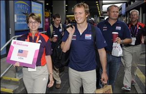 Graham Biehl and the U.S. Olympic sailing team arrived Monday at London's Heathrow Airport.