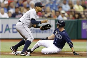 Tampa Bay Rays' Jeff Keppinger, right, slides into third base with a triple ahead of the tag by Cleveland Indians third baseman Jose Lopez during the third inning Thursday.
