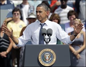 President Barack Obama speaks at a campaign event in Mansfield, Ohio.
